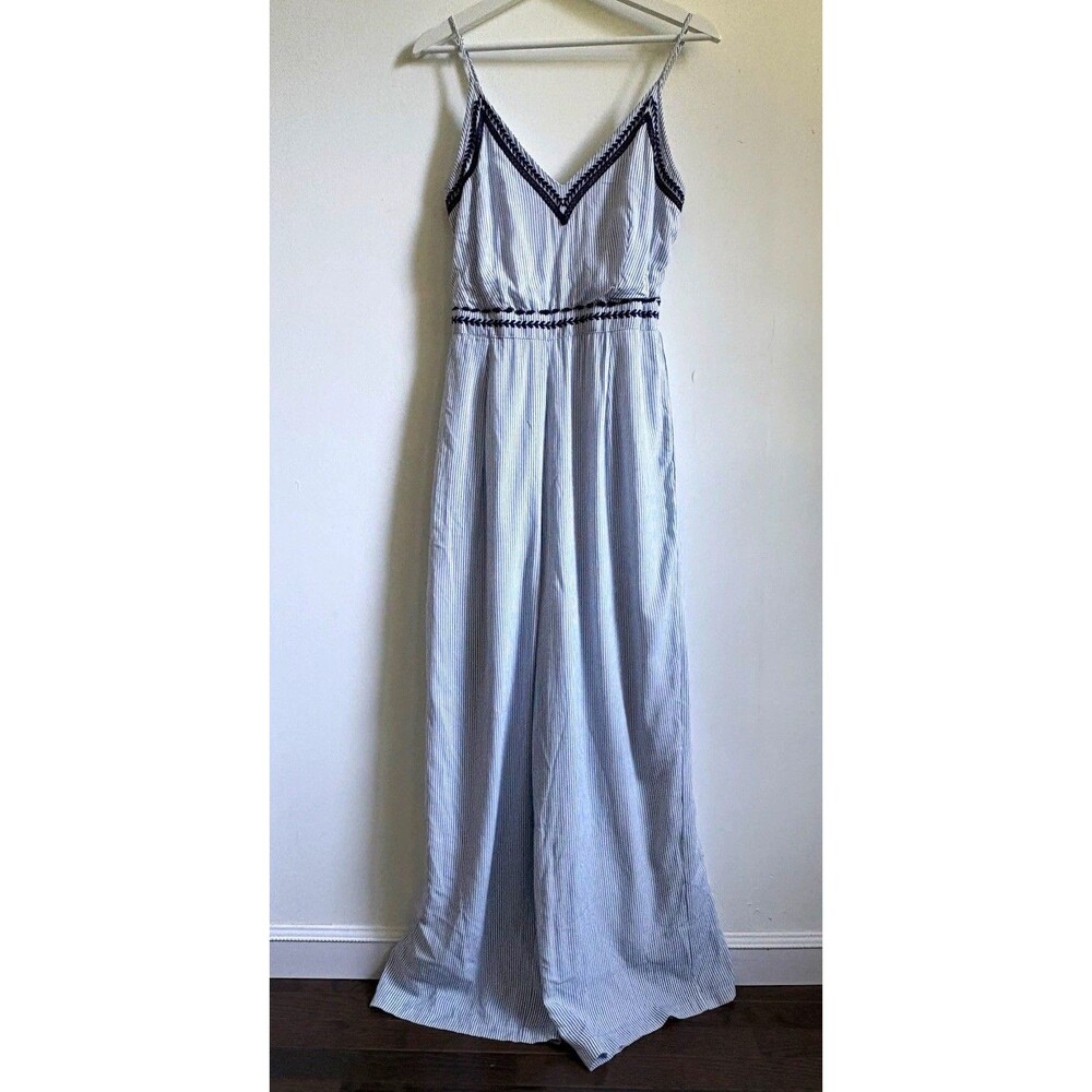 Japna Blue/White Striped Wide Smocked Jumpsuit L embroidered boho nautical resor